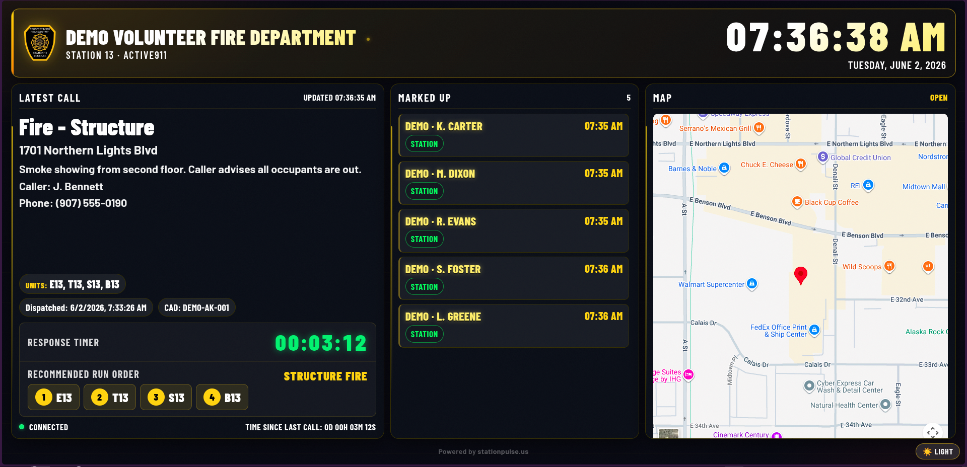 CAD Board — live incident, marked-up responders, run order, Google Maps embed, response timer